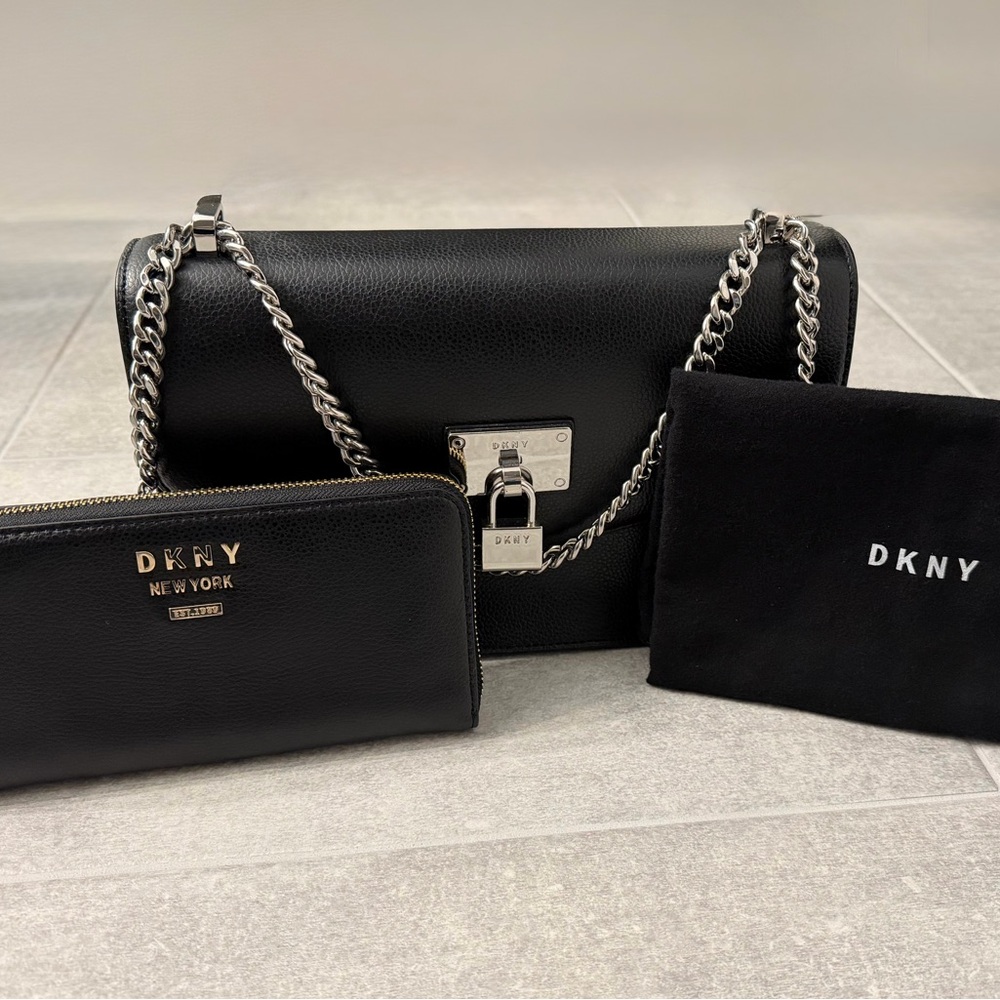 DKNY Elissa Shoulder Bag in Black-Silver & Black-Gold Zip Around Wallet Set